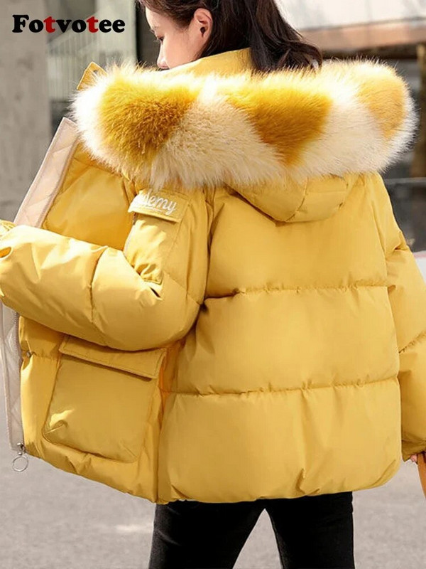Fotvotee Χειμερινό παλτό Γυναικεία με κουκούλα Κορεάτικη μόδα Παχύ Ζεστά Παλτό Κομψό Puffer Jacket Vintage Streetwear Ρούχα