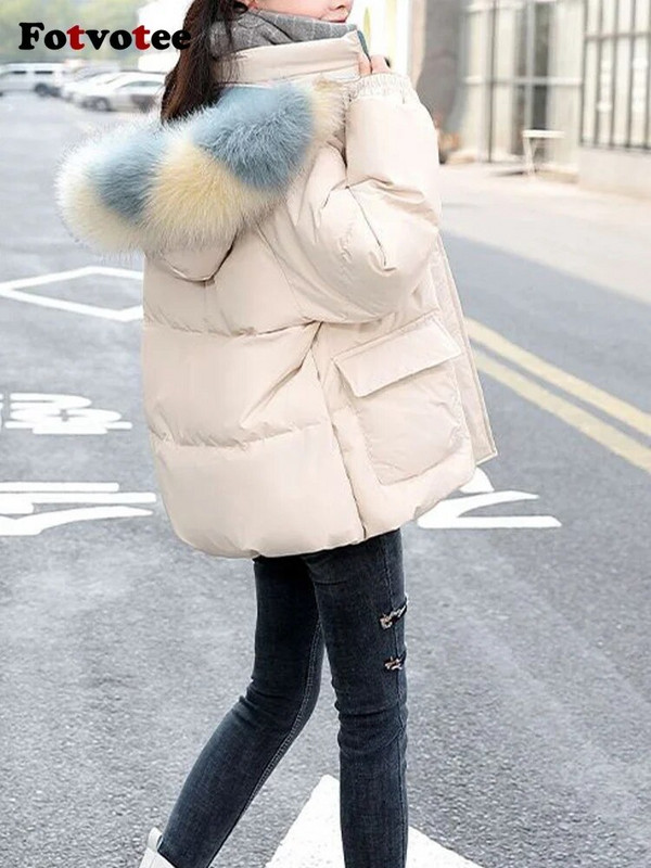 Fotvotee Χειμερινό παλτό Γυναικεία με κουκούλα Κορεάτικη μόδα Παχύ Ζεστά Παλτό Κομψό Puffer Jacket Vintage Streetwear Ρούχα