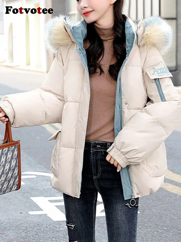 Fotvotee Χειμερινό παλτό Γυναικεία με κουκούλα Κορεάτικη μόδα Παχύ Ζεστά Παλτό Κομψό Puffer Jacket Vintage Streetwear Ρούχα