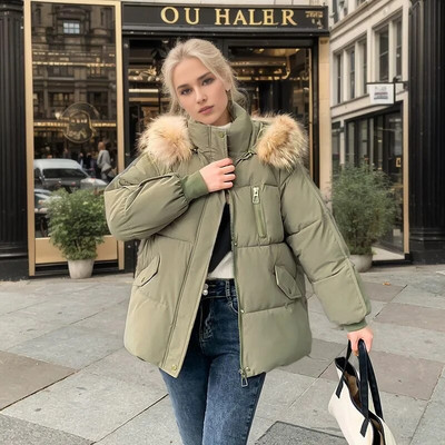 2023. gada ziemas Sieviešu īstas kažokādas apkakles jakas ar kapuci Masīva, liela kabatas poga, elegants parks rudens sievietēm ar rāvējslēdzēju, īss kokvilnas mētelis