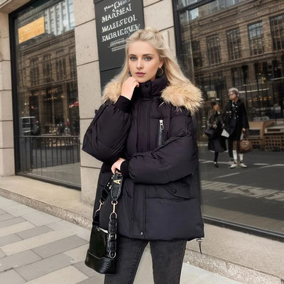 2023. gada ziemas Sieviešu īstas kažokādas apkakles jakas ar kapuci Masīva, liela kabatas poga, elegants parks rudens sievietēm ar rāvējslēdzēju, īss kokvilnas mētelis