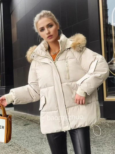 2023. gada ziemas Sieviešu īstas kažokādas apkakles jakas ar kapuci Masīva, liela kabatas poga, elegants parks rudens sievietēm ar rāvējslēdzēju, īss kokvilnas mētelis