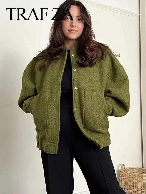 TRAFZA 2023 Moteriški elegantiški kieto palto mygtukai ilgomis rankovėmis kišeninė striukė Rudens žiemos moterų laisvalaikio laisvi gatvės aprangos paltai