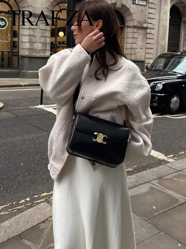 TRAFZA 2023 Moteriški elegantiški kieto palto mygtukai ilgomis rankovėmis kišeninė striukė Rudens žiemos moterų laisvalaikio laisvi gatvės aprangos paltai