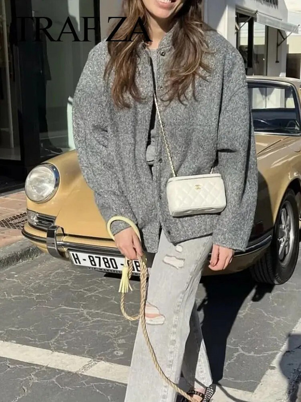 TRAFZA 2023 Moteriški elegantiški kieto palto mygtukai ilgomis rankovėmis kišeninė striukė Rudens žiemos moterų laisvalaikio laisvi gatvės aprangos paltai