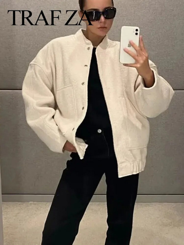 TRAFZA 2023 Moteriški elegantiški kieto palto mygtukai ilgomis rankovėmis kišeninė striukė Rudens žiemos moterų laisvalaikio laisvi gatvės aprangos paltai