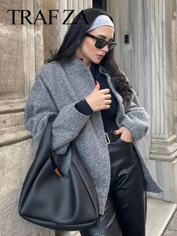 TRAFZA 2023 Moteriški elegantiški kieto palto mygtukai ilgomis rankovėmis kišeninė striukė Rudens žiemos moterų laisvalaikio laisvi gatvės aprangos paltai