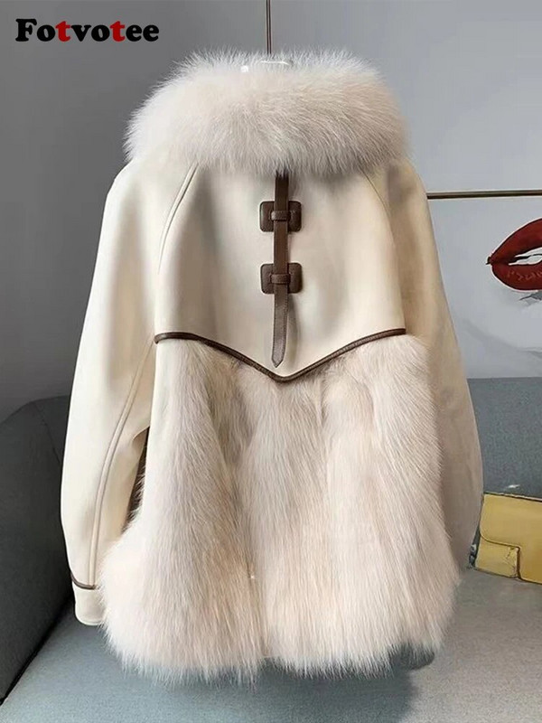 Fotvotee Mākslīgās kažokādas Sieviešu jakas Biezas Siltas Virsdrēbes Korejiešu modes Apkakle Ikdienas Eleganti Sieviešu Apģērbi Mēteļi