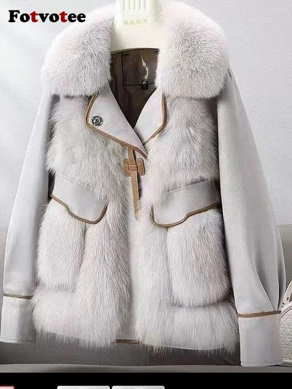 Fotvotee Mākslīgās kažokādas Sieviešu jakas Biezas Siltas Virsdrēbes Korejiešu modes Apkakle Ikdienas Eleganti Sieviešu Apģērbi Mēteļi