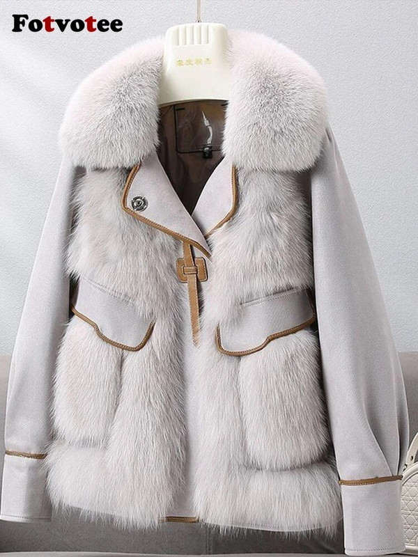 Fotvotee Mākslīgās kažokādas Sieviešu jakas Biezas Siltas Virsdrēbes Korejiešu modes Apkakle Ikdienas Eleganti Sieviešu Apģērbi Mēteļi