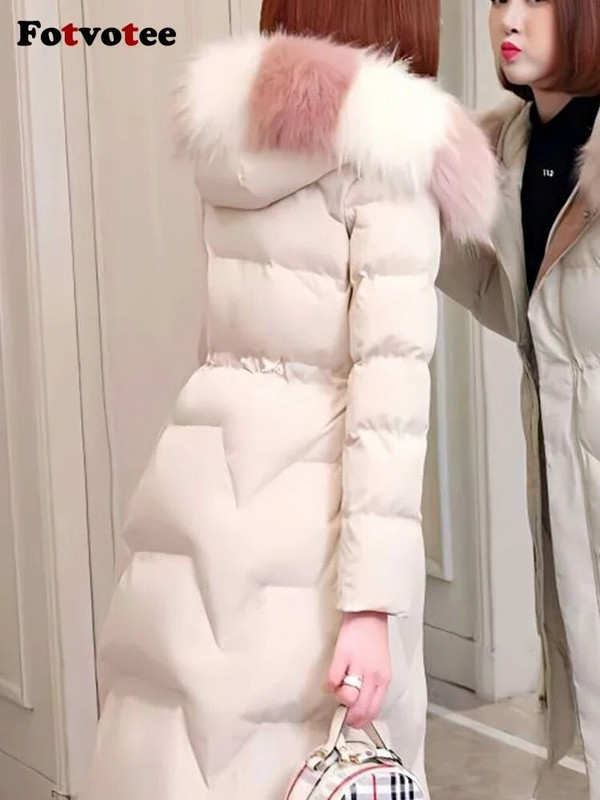 Fotvotee ziemas jaka sieviešu mēteļi ar kapuci, gara pufera jaka bieza silta parka vintage Streetwear virsdrēbes Elegants mētelis