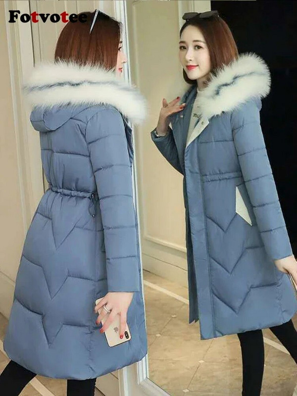 Fotvotee ziemas jaka sieviešu mēteļi ar kapuci, gara pufera jaka bieza silta parka vintage Streetwear virsdrēbes Elegants mētelis