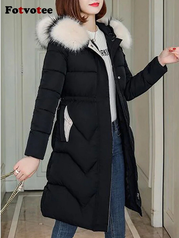 Fotvotee ziemas jaka sieviešu mēteļi ar kapuci, gara pufera jaka bieza silta parka vintage Streetwear virsdrēbes Elegants mētelis