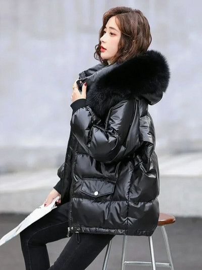 Moteriška žieminė pūkinė striukė, balta ančių pūkų paminkštinimas, pūkiniai paltai su gobtuvu kailinė apykaklė Trumpa parkas Korėjietiška madinga pūkinė striukė moterims