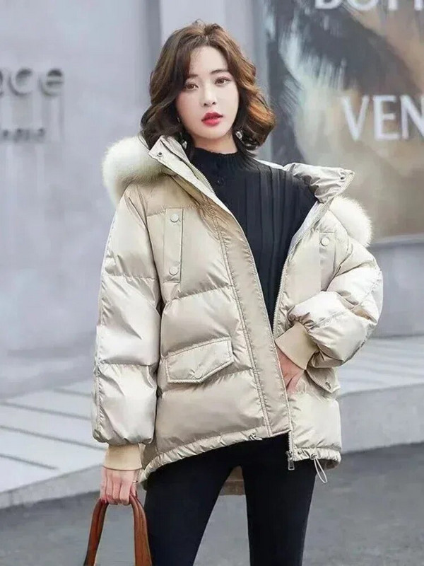 Moteriška žieminė pūkinė striukė, balta ančių pūkų paminkštinimas, pūkiniai paltai su gobtuvu kailinė apykaklė Trumpa parkas Korėjietiška madinga pūkinė striukė moterims