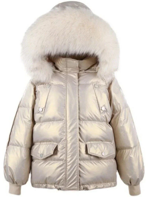 Moteriška žieminė pūkinė striukė, balta ančių pūkų paminkštinimas, pūkiniai paltai su gobtuvu kailinė apykaklė Trumpa parkas Korėjietiška madinga pūkinė striukė moterims