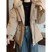 Sieviešu rudens ziemas kabatas kausāls mētelis ar rāvējslēdzēju ar kapuci Parkas kokvilnas polsterēta jaka Sieviešu flīsa silta, garām piedurknēm jostasvieta, kokvilnas mētelis