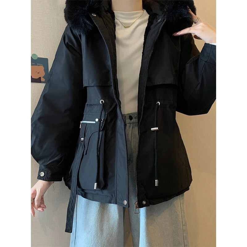 Sieviešu rudens ziemas kabatas kausāls mētelis ar rāvējslēdzēju ar kapuci Parkas kokvilnas polsterēta jaka Sieviešu flīsa silta, garām piedurknēm jostasvieta, kokvilnas mētelis