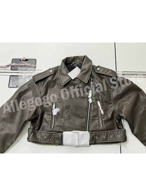 Ailegogo Sieviešu Vintage Loose Pu mākslīgās ādas īsā jaka ar jostu Streetwear Sieviešu rāvējslēdzējs Retro Moto Biker Coat Outwear Tops