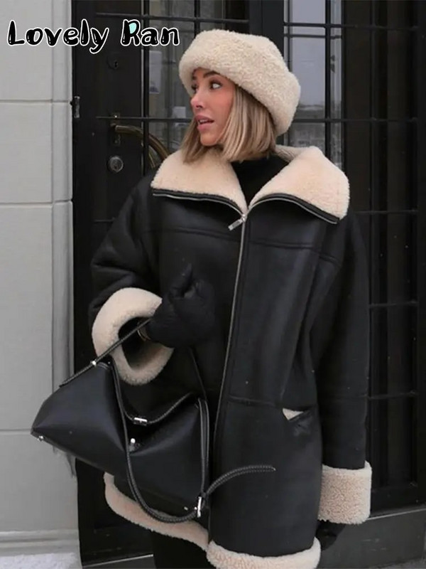 Modes silts ādas kažoks Sieviešu 2023. gada ziemas, ar garām piedurknēm, eleganti samta atlokiem, sieviešu mēteļi, sieviešu ielas melna motora sieviešu velojaka