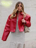 Raudona PU odinė striukė moterims, 2023 m. Prašmatnus retro atvartas Laisvos laisvalaikio trumpos odinės striukės rudens mados motociklų odiniai viršutiniai drabužiai