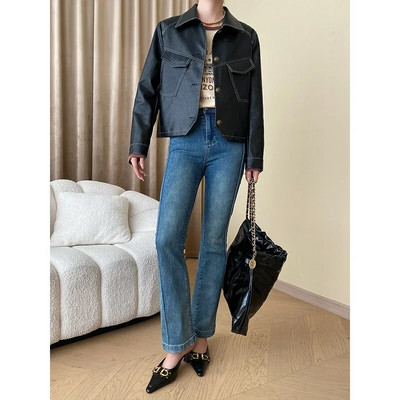 Texture PU Δερμάτινα Cropped Jackets για γυναίκες Άνοιξη φθινόπωρο 2023 Trend Simple Single Breasted Leather Jacket