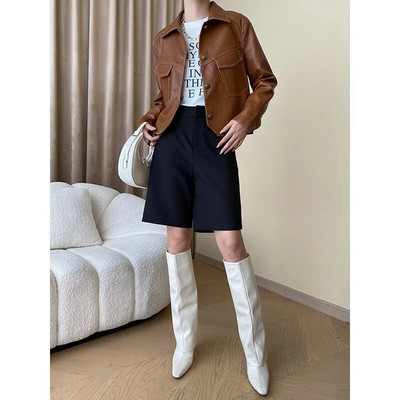 Texture PU Δερμάτινα Cropped Jackets για γυναίκες Άνοιξη φθινόπωρο 2023 Trend Simple Single Breasted Leather Jacket