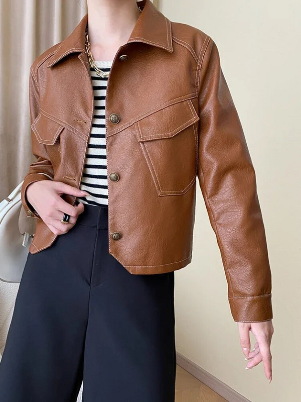 Texture PU Δερμάτινα Cropped Jackets για γυναίκες Άνοιξη φθινόπωρο 2023 Trend Simple Single Breasted Leather Jacket