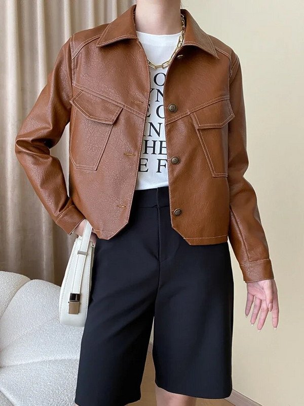 Texture PU Δερμάτινα Cropped Jackets για γυναίκες Άνοιξη φθινόπωρο 2023 Trend Simple Single Breasted Leather Jacket