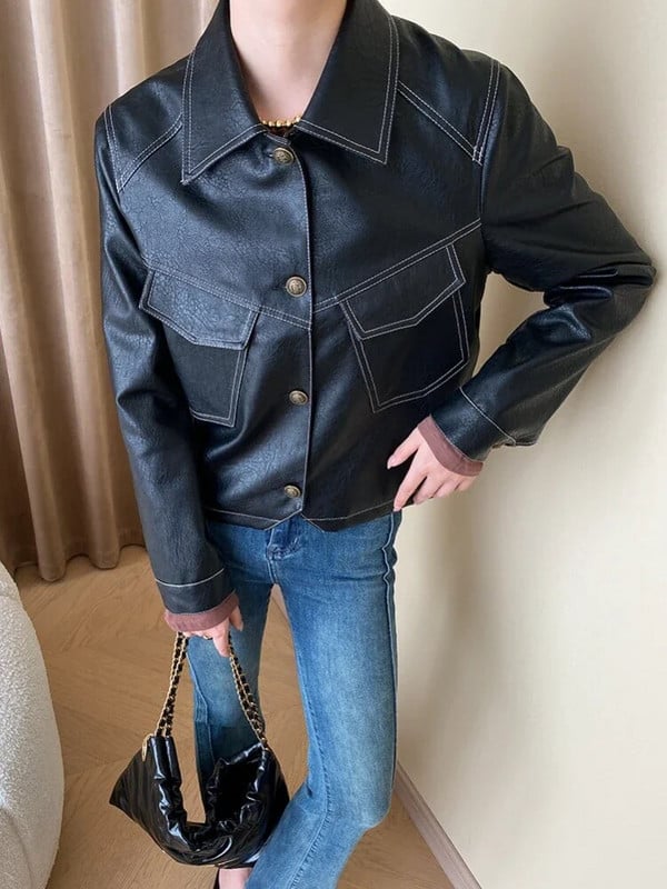 Texture PU Δερμάτινα Cropped Jackets για γυναίκες Άνοιξη φθινόπωρο 2023 Trend Simple Single Breasted Leather Jacket