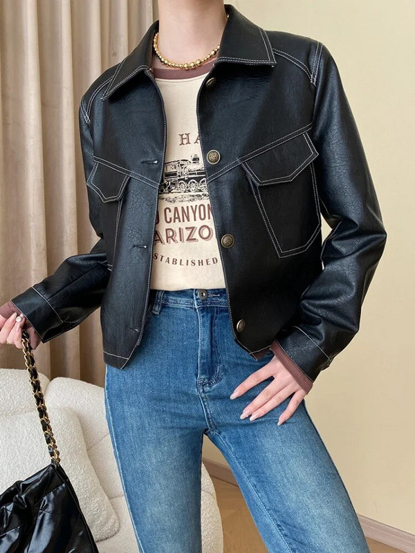 Texture PU Δερμάτινα Cropped Jackets για γυναίκες Άνοιξη φθινόπωρο 2023 Trend Simple Single Breasted Leather Jacket