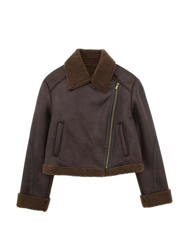 Ailegogo Sieviešu Vintage brīvs, silts, mākslīgais griezējs, īsā jaka Streetwear Sieviešu rāvējslēdzēja mētelis Moto Biker Chic Outwear