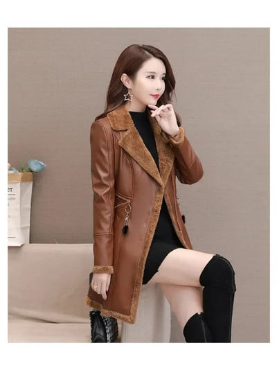 Χαλαρό μέγεθος Φθινοπωρινό Χειμώνας Νέο τεχνητό δερμάτινο τζάκετ Γυναικείο Fleece Slim Μακρύ Γυναικείο Παλτό PU Δερμάτινο Παλτό Πετά Ανεμοφράκτη παλτό 3XL