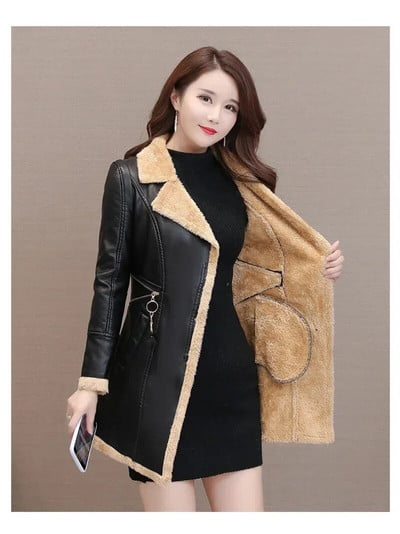 Χαλαρό μέγεθος Φθινοπωρινό Χειμώνας Νέο τεχνητό δερμάτινο τζάκετ Γυναικείο Fleece Slim Μακρύ Γυναικείο Παλτό PU Δερμάτινο Παλτό Πετά Ανεμοφράκτη παλτό 3XL