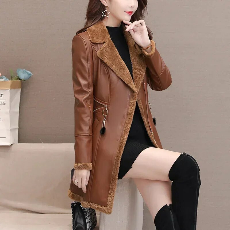 Χαλαρό μέγεθος Φθινοπωρινό Χειμώνας Νέο τεχνητό δερμάτινο τζάκετ Γυναικείο Fleece Slim Μακρύ Γυναικείο Παλτό PU Δερμάτινο Παλτό Πετά Ανεμοφράκτη παλτό 3XL