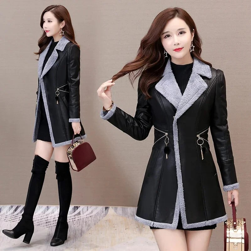Χαλαρό μέγεθος Φθινοπωρινό Χειμώνας Νέο τεχνητό δερμάτινο τζάκετ Γυναικείο Fleece Slim Μακρύ Γυναικείο Παλτό PU Δερμάτινο Παλτό Πετά Ανεμοφράκτη παλτό 3XL