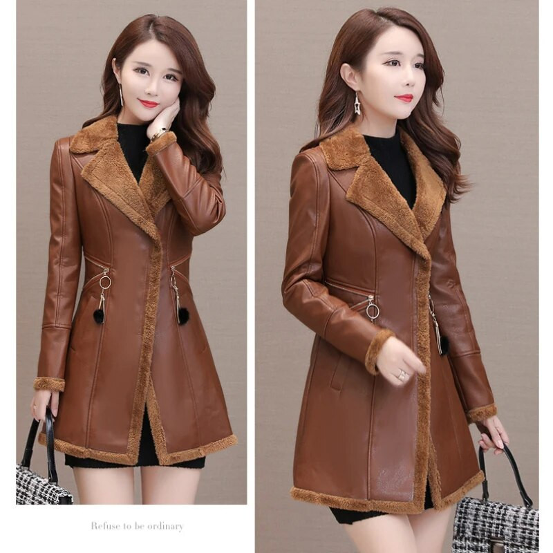 Χαλαρό μέγεθος Φθινοπωρινό Χειμώνας Νέο τεχνητό δερμάτινο τζάκετ Γυναικείο Fleece Slim Μακρύ Γυναικείο Παλτό PU Δερμάτινο Παλτό Πετά Ανεμοφράκτη παλτό 3XL