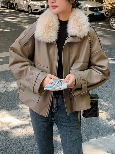 Stilinga negabaritinė PU odinė striukė, moteriška miela korėjietiška vilna, šilta, stora, trumpa paltai, moteriška dirbtinės avienos vilnos striukės moteriškos parkas