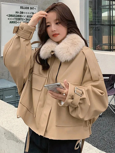 Stilinga negabaritinė PU odinė striukė, moteriška miela korėjietiška vilna, šilta, stora, trumpa paltai, moteriška dirbtinės avienos vilnos striukės moteriškos parkas