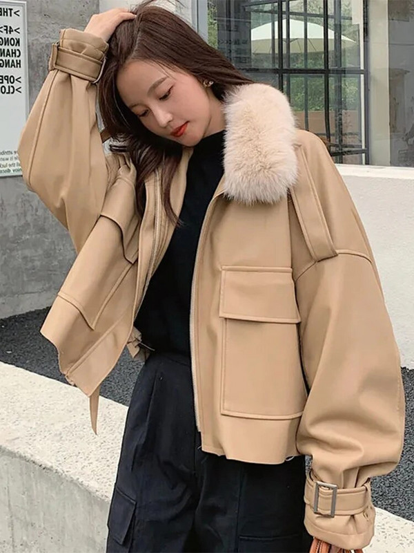 Stilinga negabaritinė PU odinė striukė, moteriška miela korėjietiška vilna, šilta, stora, trumpa paltai, moteriška dirbtinės avienos vilnos striukės moteriškos parkas