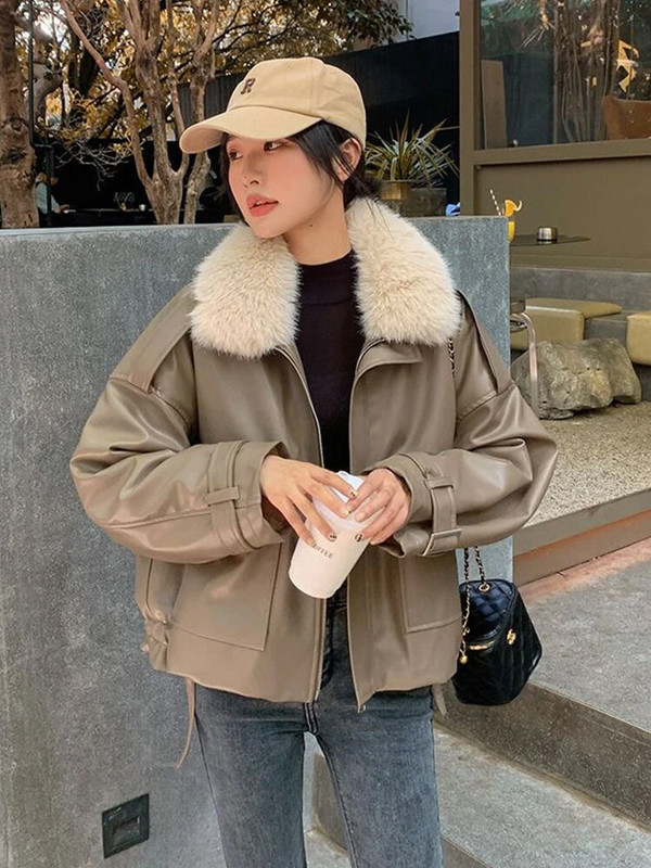 Stilinga negabaritinė PU odinė striukė, moteriška miela korėjietiška vilna, šilta, stora, trumpa paltai, moteriška dirbtinės avienos vilnos striukės moteriškos parkas