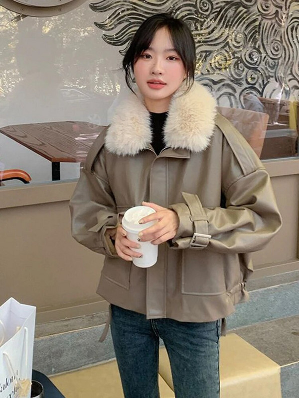 Stilinga negabaritinė PU odinė striukė, moteriška miela korėjietiška vilna, šilta, stora, trumpa paltai, moteriška dirbtinės avienos vilnos striukės moteriškos parkas