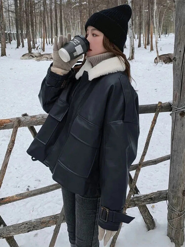 Stilinga negabaritinė PU odinė striukė, moteriška miela korėjietiška vilna, šilta, stora, trumpa paltai, moteriška dirbtinės avienos vilnos striukės moteriškos parkas