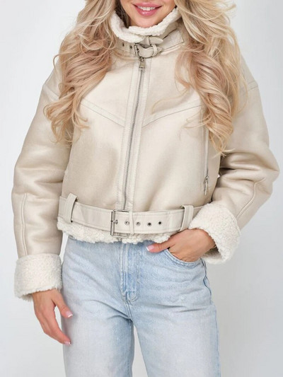 Ailegogo Streetwear Sieviešu brīvs retro mākslīgās ādas cirpšanas kažokādas īsa jaka Vintage sieviešu mētelis ar rāvējslēdzēju jostu