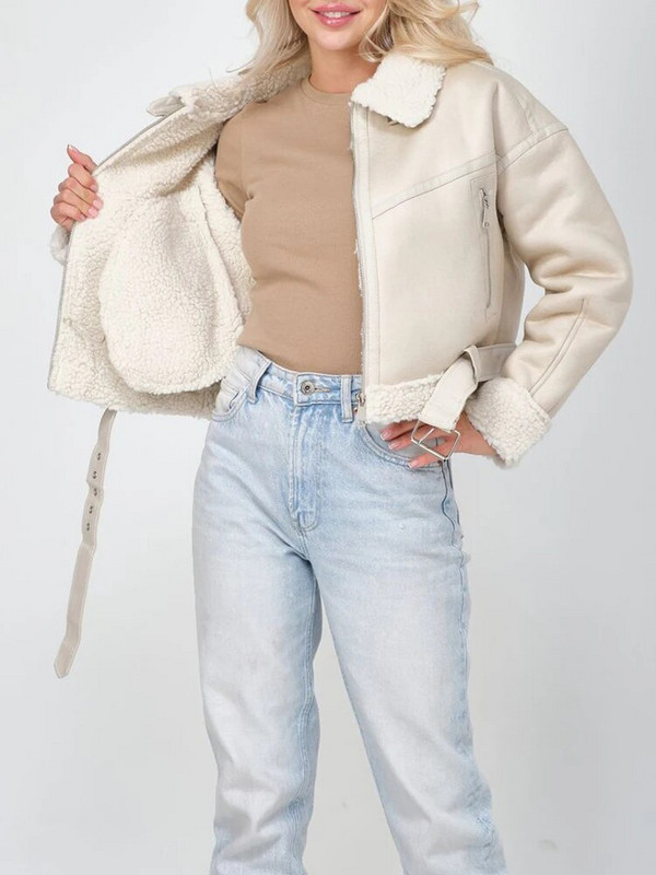 Ailegogo Streetwear Sieviešu brīvs retro mākslīgās ādas cirpšanas kažokādas īsa jaka Vintage sieviešu mētelis ar rāvējslēdzēju jostu