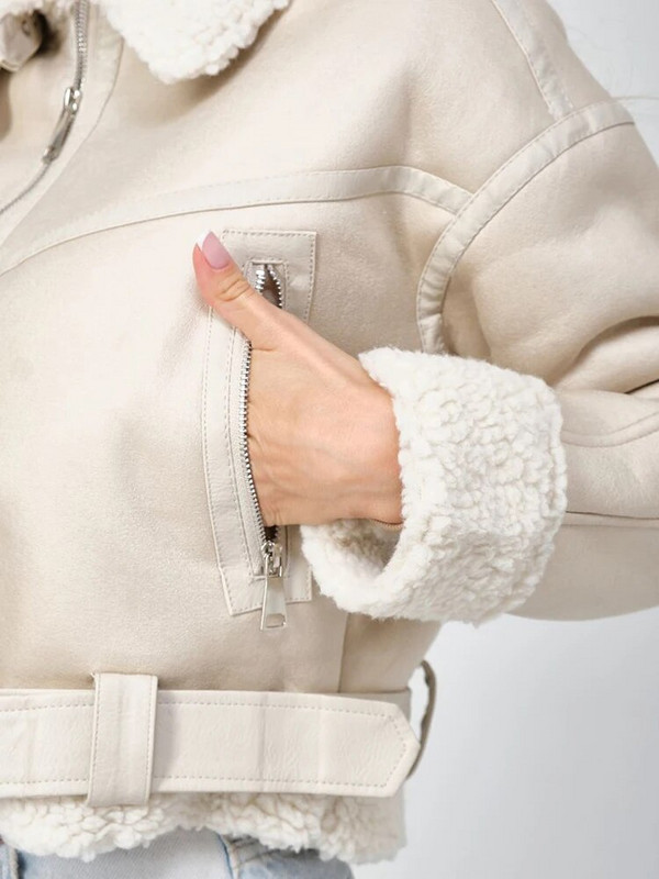 Ailegogo Streetwear Sieviešu brīvs retro mākslīgās ādas cirpšanas kažokādas īsa jaka Vintage sieviešu mētelis ar rāvējslēdzēju jostu