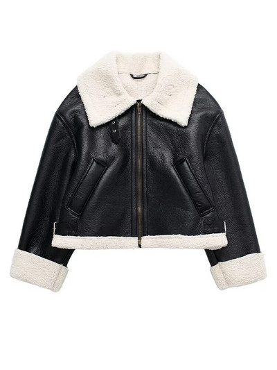 Flīsa ādas īsa jaka sievietēm rudens ziemas moto motociklistu mētelis ar rāvējslēdzēju Sieviešu vintage brīvs, garām piedurknēm silti, biezi virsdrēbju topi