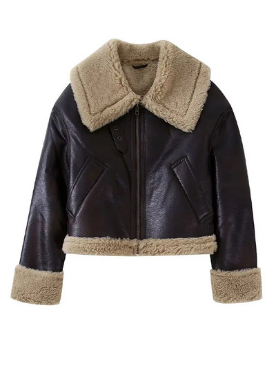 Flīsa ādas īsa jaka sievietēm rudens ziemas moto motociklistu mētelis ar rāvējslēdzēju Sieviešu vintage brīvs, garām piedurknēm silti, biezi virsdrēbju topi