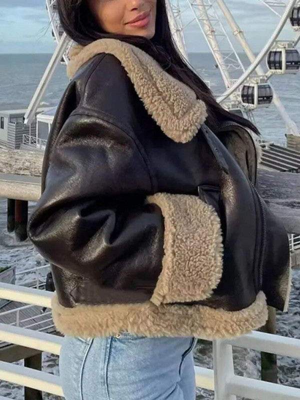 Flīsa ādas īsa jaka sievietēm rudens ziemas moto motociklistu mētelis ar rāvējslēdzēju Sieviešu vintage brīvs, garām piedurknēm silti, biezi virsdrēbju topi