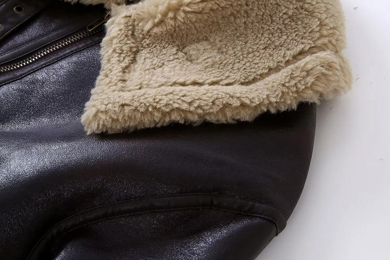 Sieviešu ziemas mētelis īss PU ādas mētelis iekšējais spalvu atloks rāvējslēdzējs brīvs jaka Ārdrēbes ar garām piedurknēm 39965